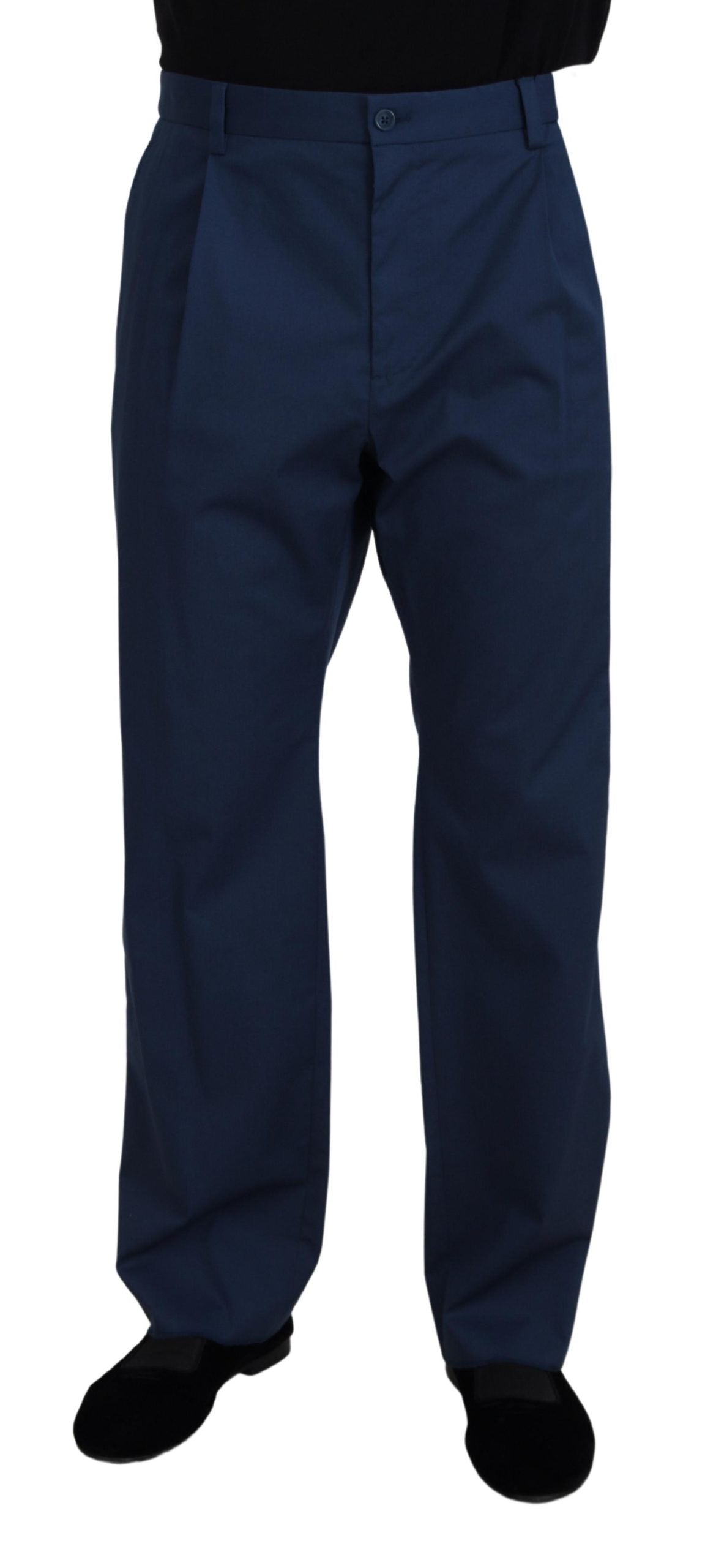 Blue cotton straight fit pants by Dolce & Gabbana, shown on a model with a relaxed fit and classic waistband.