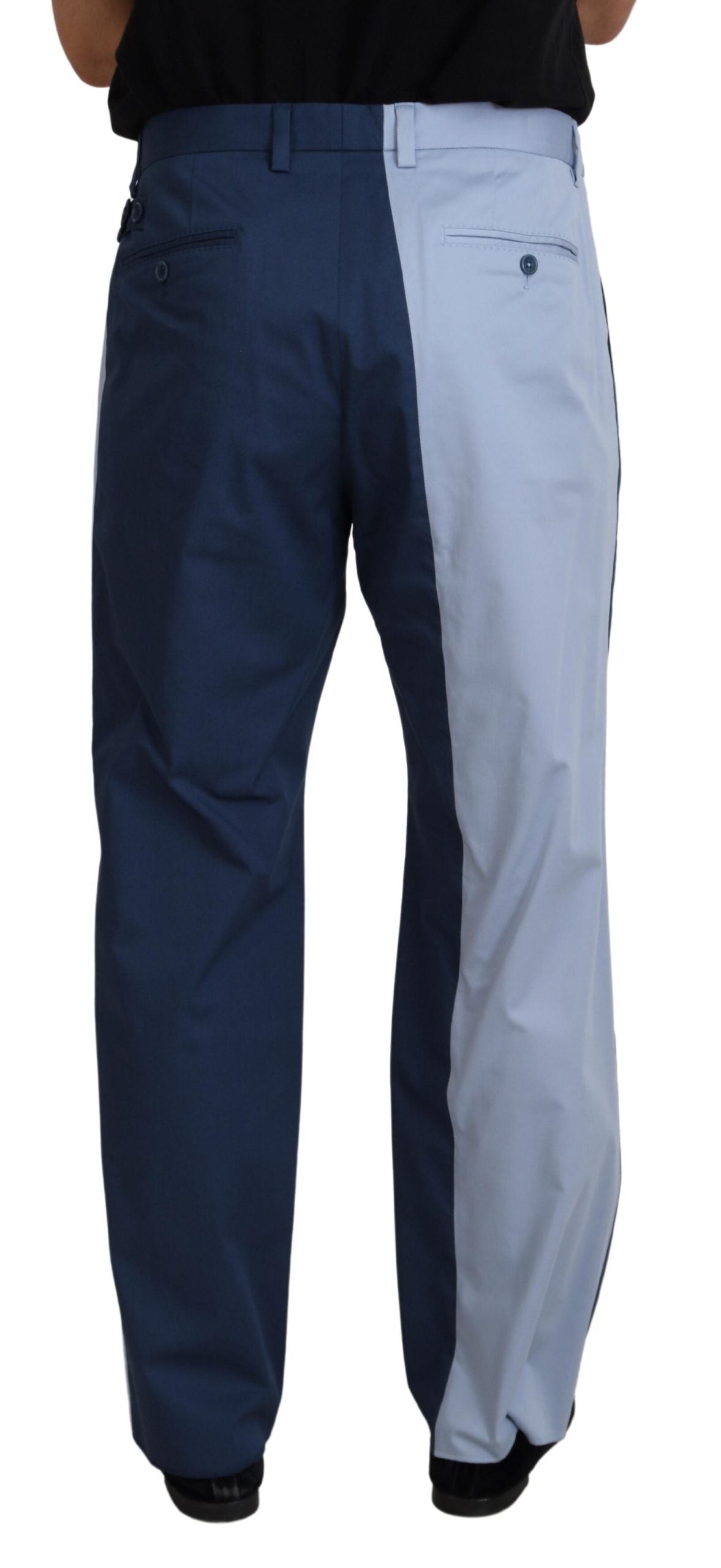 Blue cotton straight fit pants by Dolce & Gabbana, shown with front and back view, featuring a classic waistband and clean design.