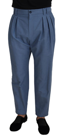 Blue linen chino formal pants by Dolce & Gabbana, tailored fit with classic design and side pockets, front view.