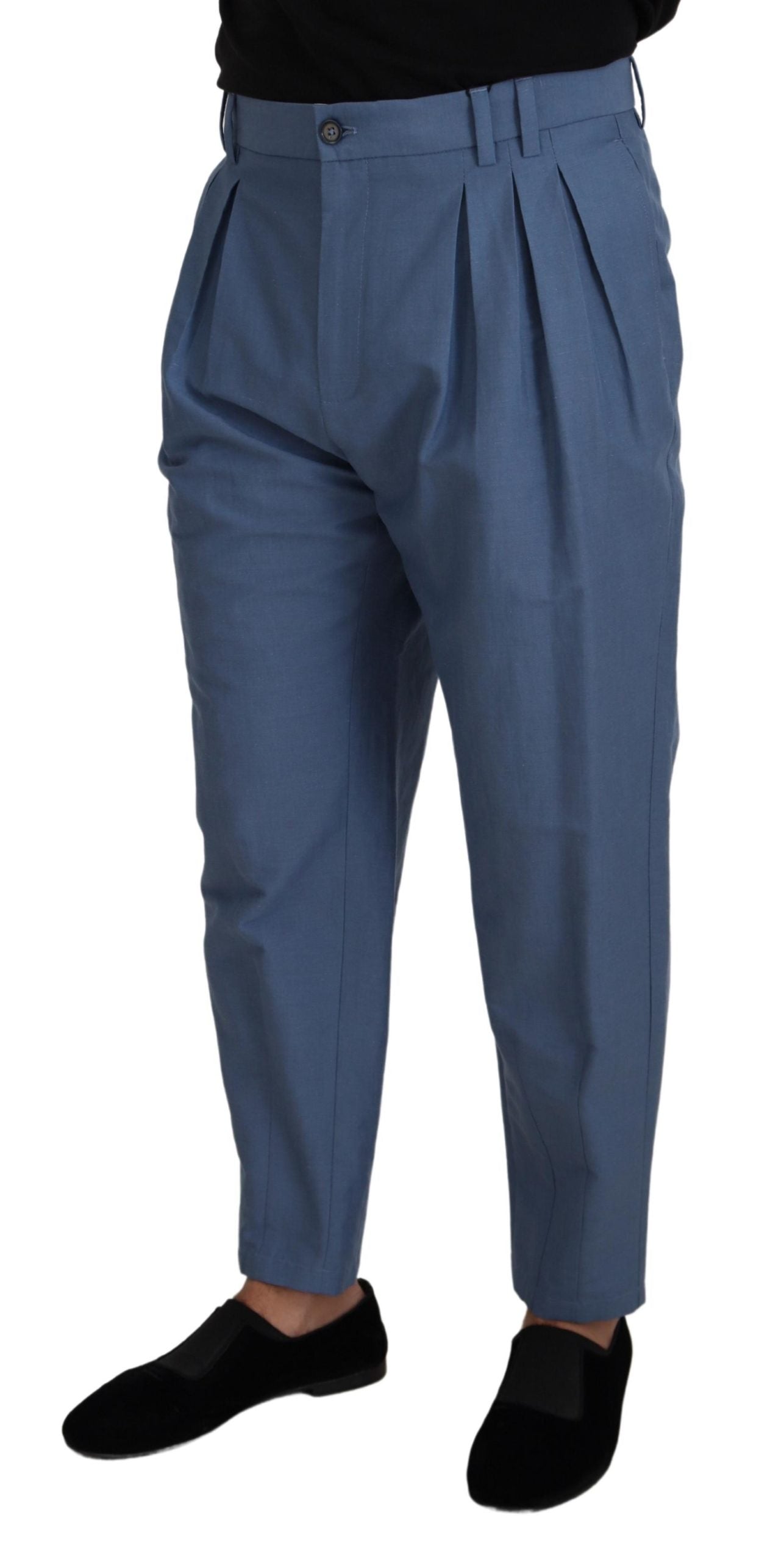 Blue linen chino formal pants by Dolce & Gabbana, tailored fit with classic design and clean front, suitable for smart-casual occasions