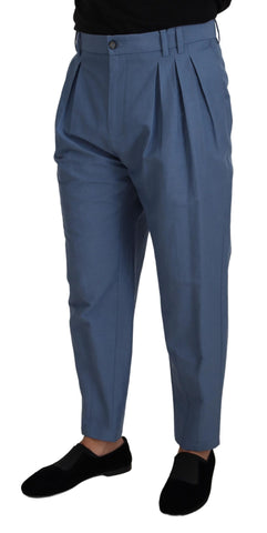 Blue linen chino formal pants by Dolce & Gabbana, tailored fit with classic design and clean front, suitable for smart-casual occasions