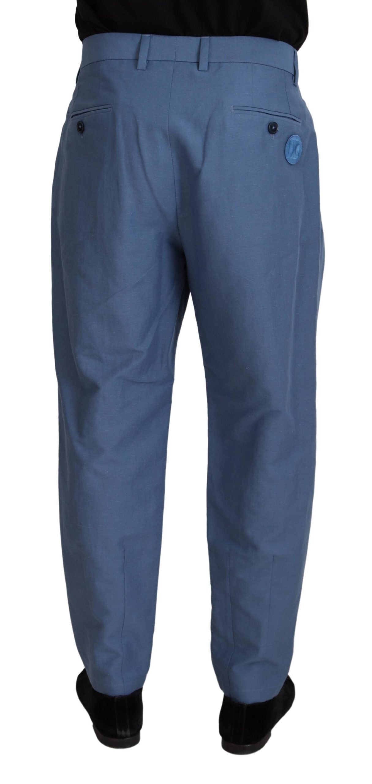 Blue linen chino formal pants by Dolce & Gabbana, tailored fit with classic design and side pockets.