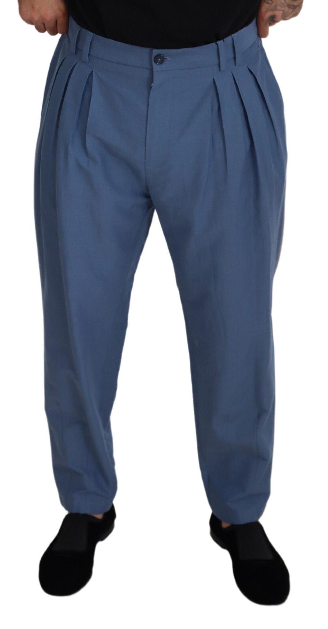 Blue linen chino formal pants by Dolce & Gabbana, tailored fit with front pockets and belt loops.