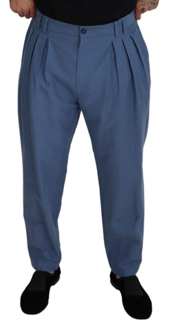 Blue linen chino formal pants by Dolce & Gabbana, tailored fit with front pockets and belt loops.