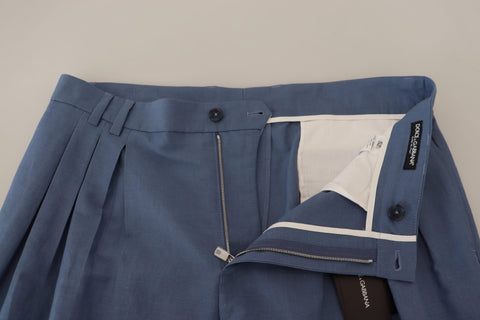 Blue linen chino formal pants by Dolce & Gabbana, tailored fit with classic design and waistband details.