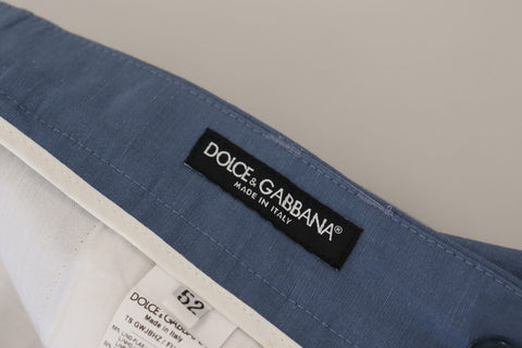 Blue linen chino formal pants by Dolce & Gabbana, tailored fit with classic design and front pockets.