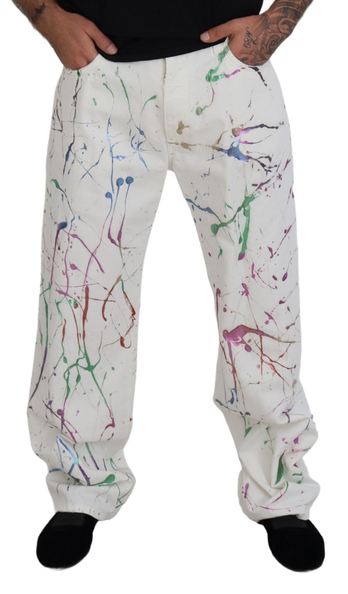White cotton denim pants with colorful splash print from Dolce & Gabbana, showcasing a relaxed fit and stylish design.