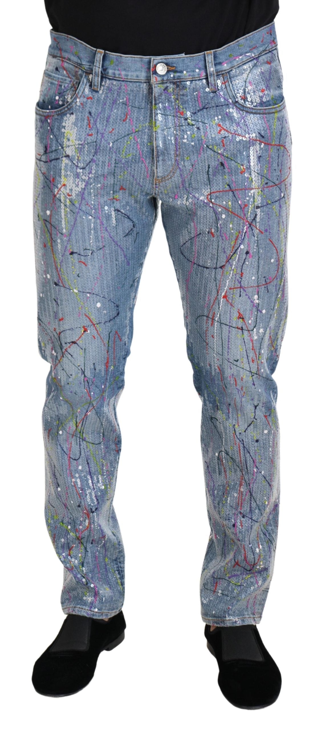 Blue cotton denim jeans with color splash print by Dolce & Gabbana, showing the stylish design and fabric details.