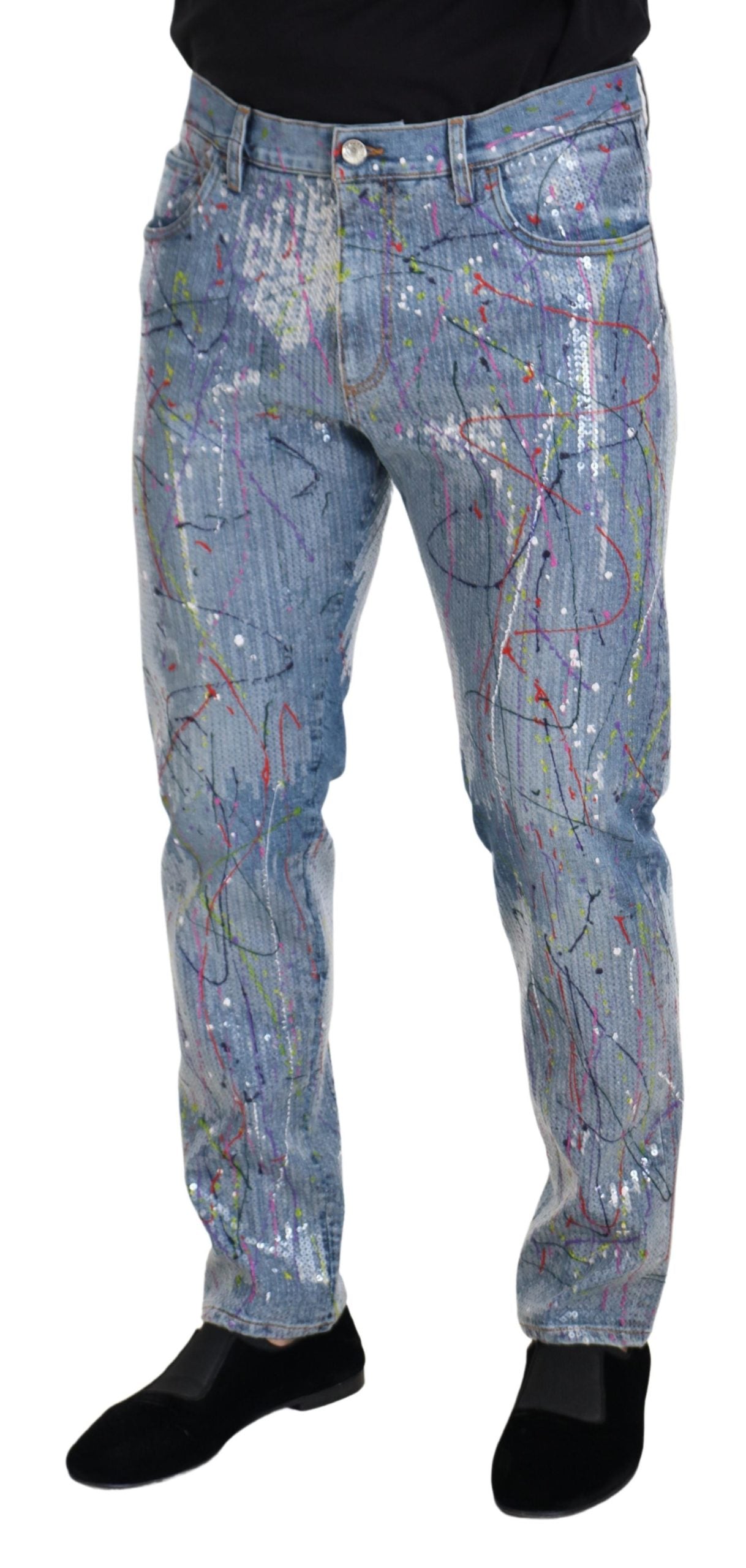 Blue cotton denim jeans with colorful splash print from Dolce & Gabbana, showcasing the relaxed fit and stylish design.