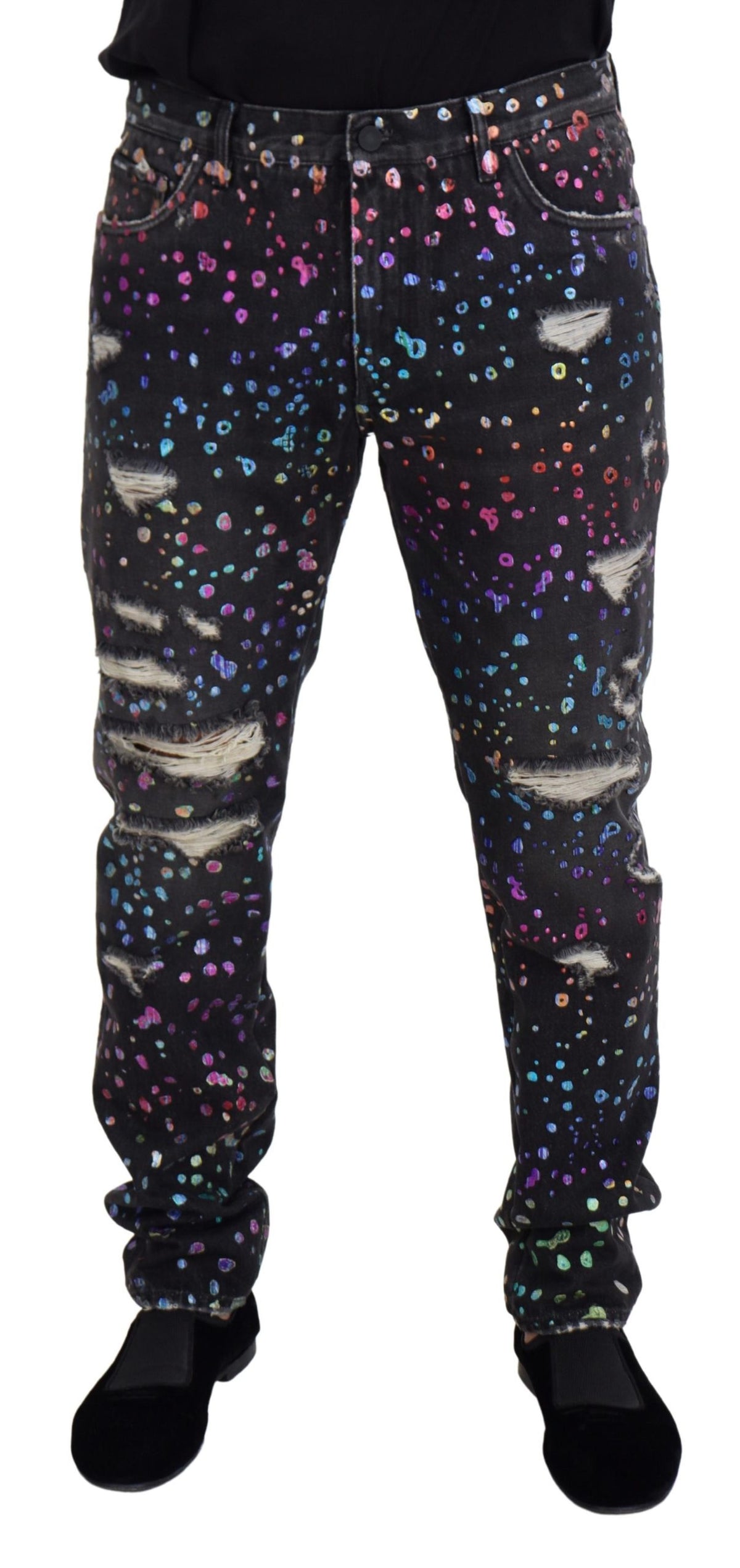Black multicolor print tattered denim jeans by Dolce & Gabbana, featuring distressed details and vibrant multicolor patterns.