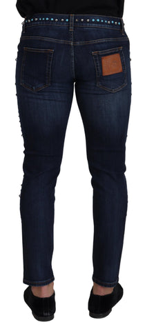 Blue cotton low waist denim jeans with studded details by Dolce & Gabbana, showcasing the fit and stylish design.