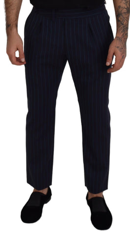 Blue striped men's formal pants by Dolce & Gabbana, tailored fit with classic waistband and pocket details.