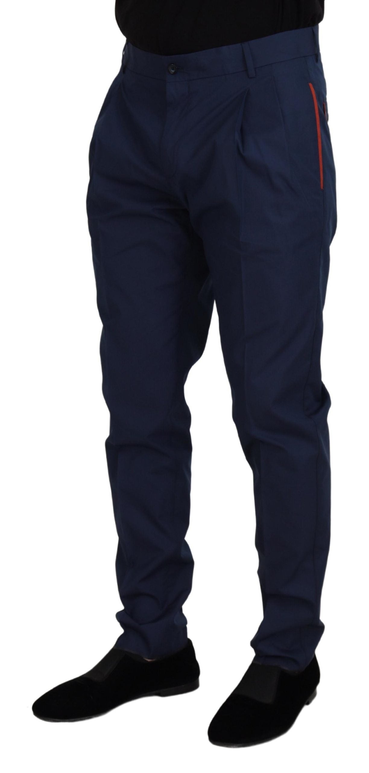 Blue cotton chino formal pants by Dolce & Gabbana, tailored fit with classic design, shown on a neutral background.