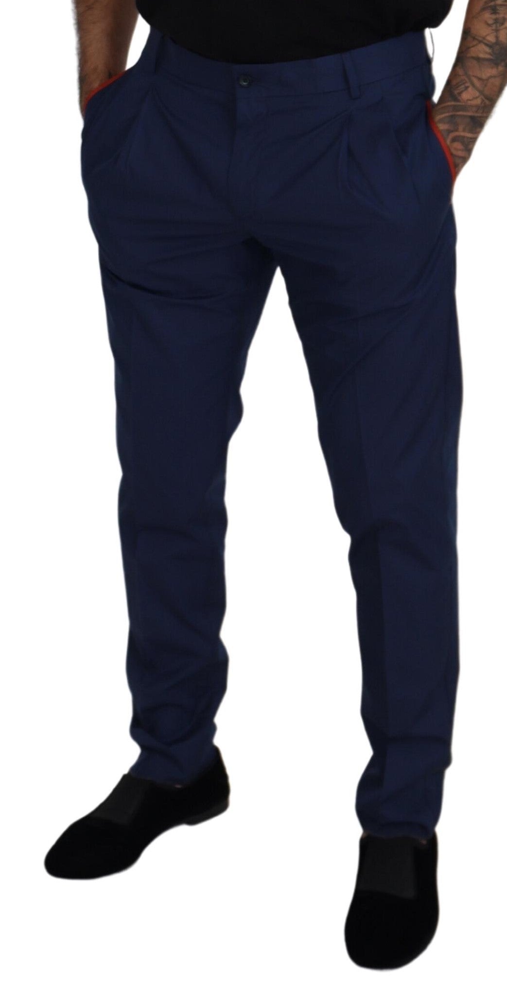 Blue cotton chino formal pants by Dolce & Gabbana, tailored fit with classic front and back pockets, suitable for dressy occasions.