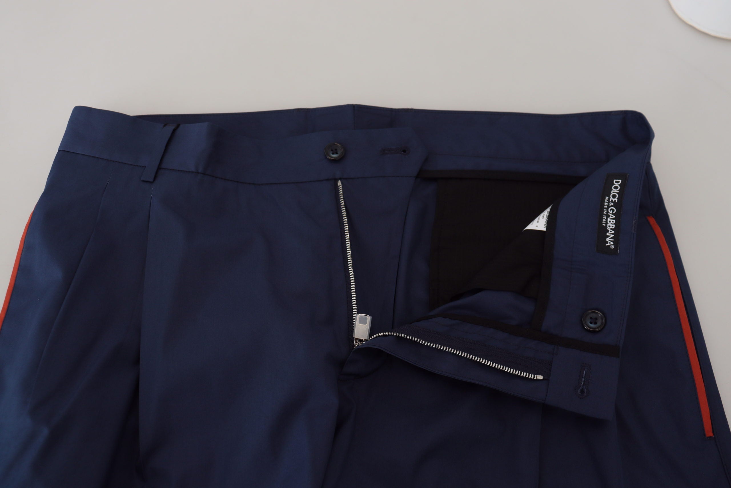 Blue cotton chino formal pants by Dolce & Gabbana, tailored fit with classic waistband and front pockets.