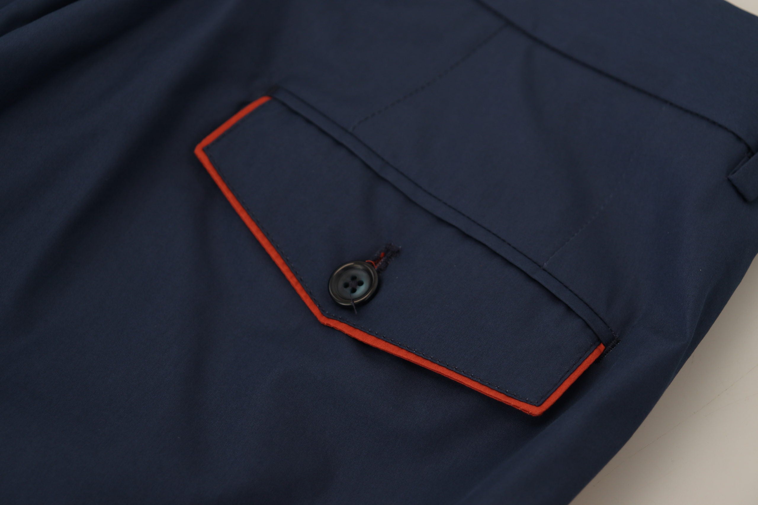 Blue cotton chino formal pants by Dolce & Gabbana, tailored fit with classic style and front pockets.