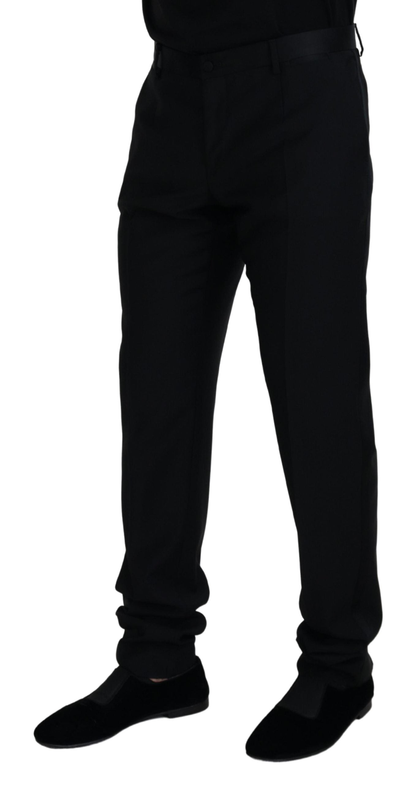 Black wool chino formal pants by Dolce & Gabbana, tailored fit with classic design for sophisticated office or formal wear.