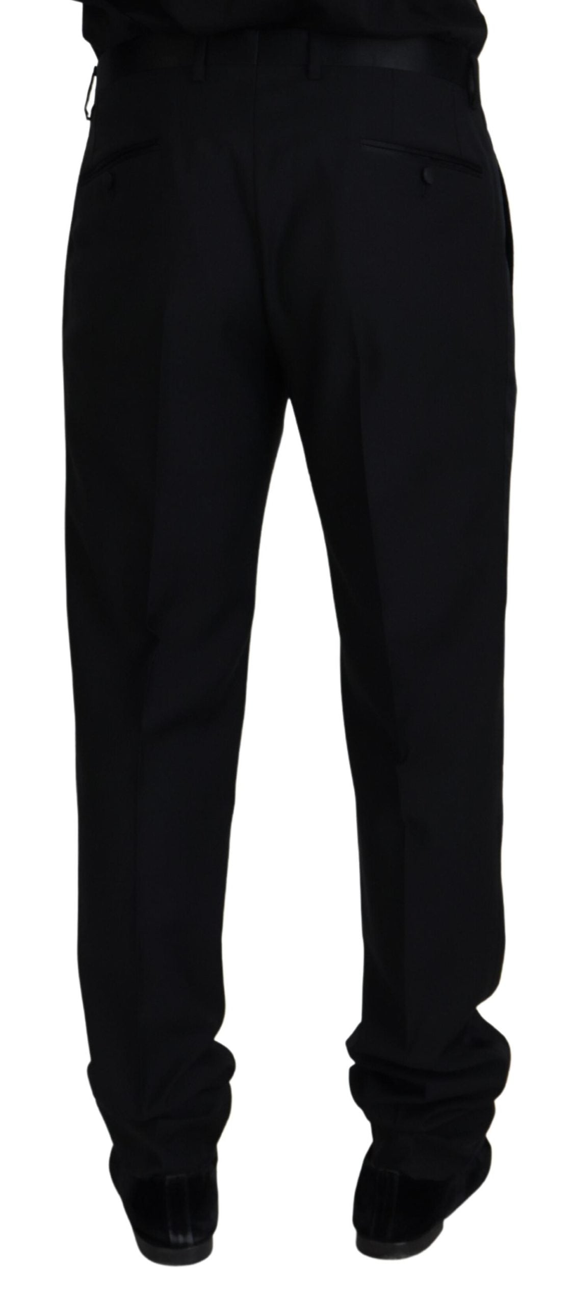 Black wool chino formal pants by Dolce & Gabbana, tailored fit with classic design and front pockets.