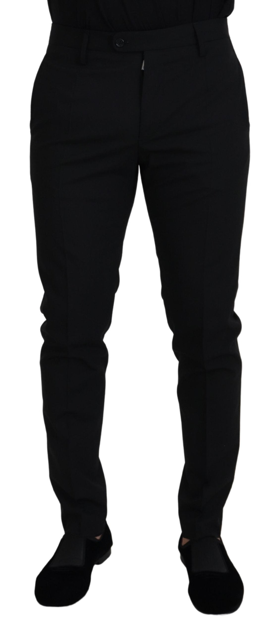Black polyester chino formal pants by Dolce & Gabbana, tailored fit with classic design, shown on a hanger.