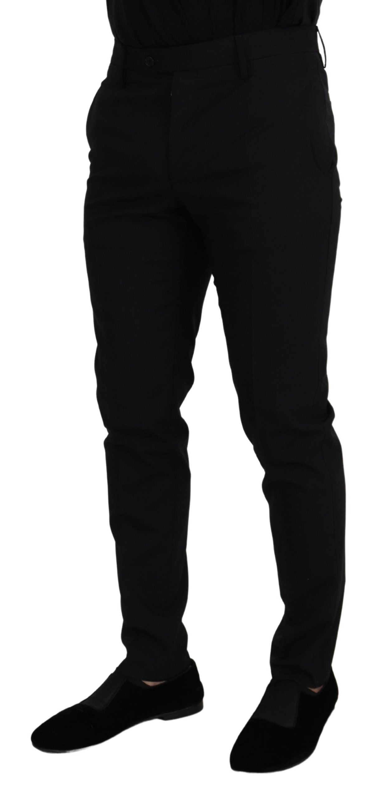 Black polyester chino formal pants by Dolce & Gabbana, tailored fit with classic design and belt loops.