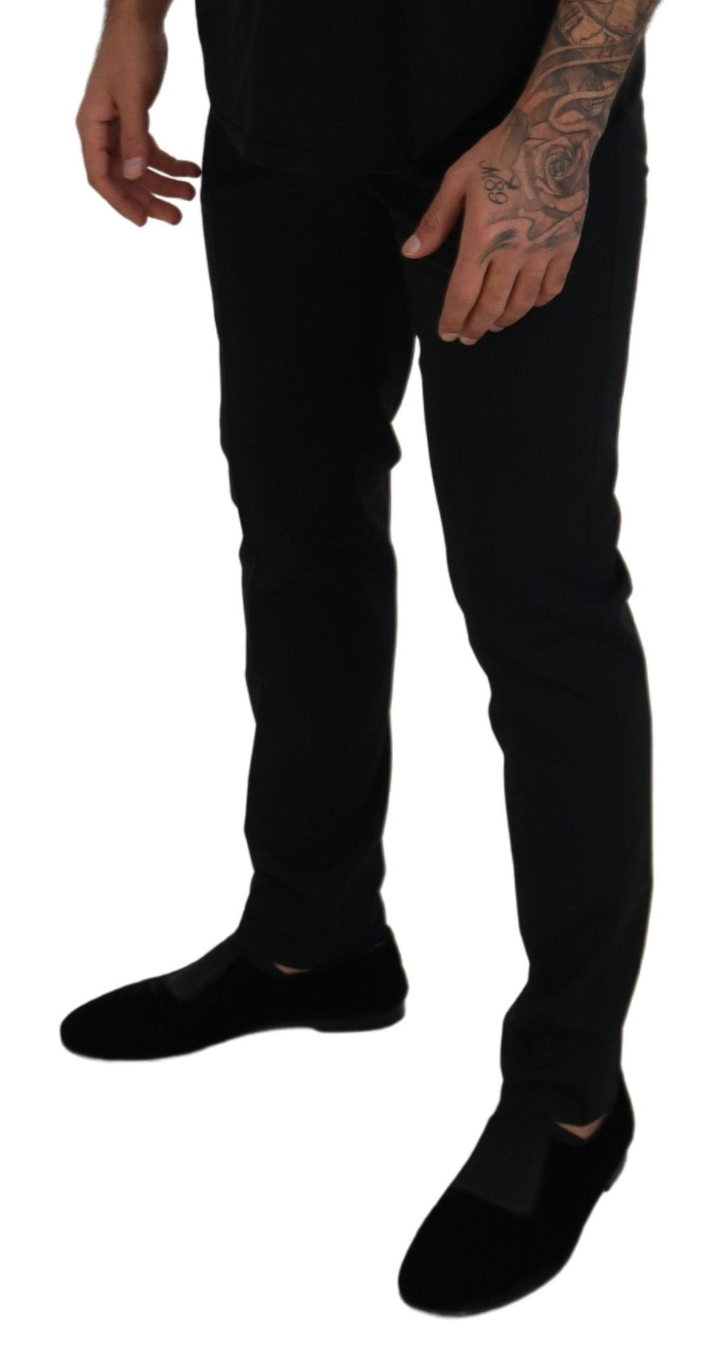 Black polyester chino formal pants by Dolce & Gabbana, tailored fit with clean design and classic waistband.