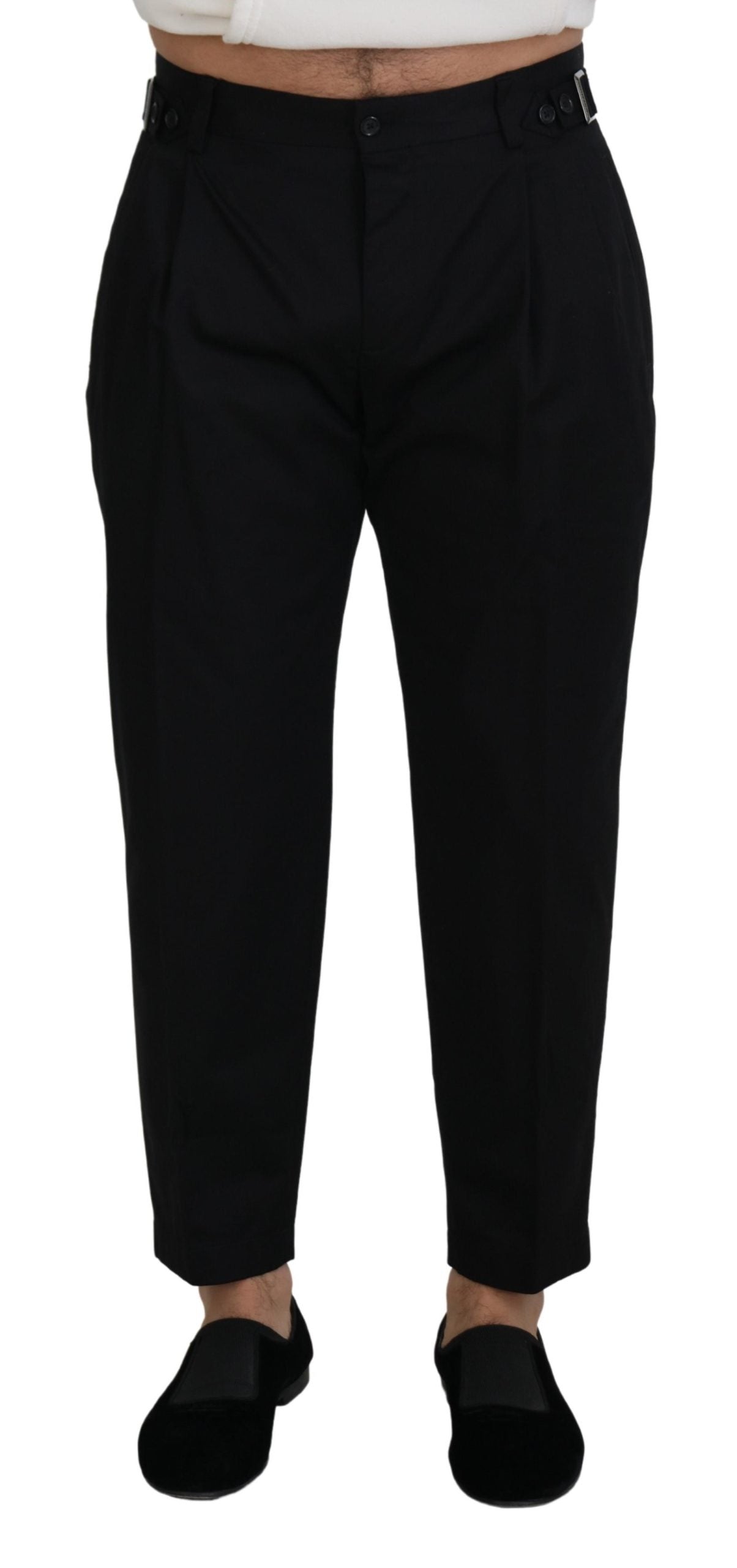 Black cotton chino formal pants by Dolce & Gabbana, tailored fit with sleek waistband and classic stitch details.