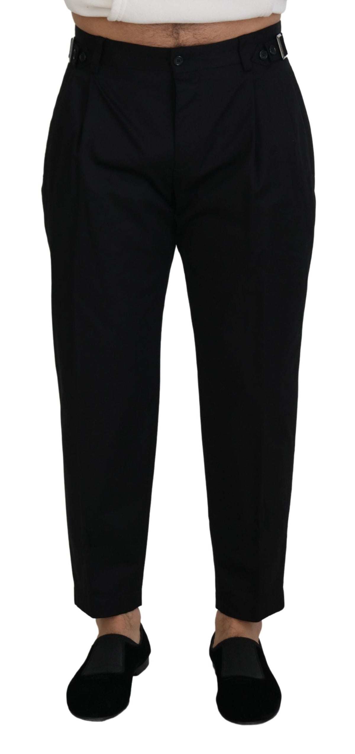 Black cotton chino formal pants by Dolce & Gabbana, tailored fit with sleek waistband and classic stitch details.