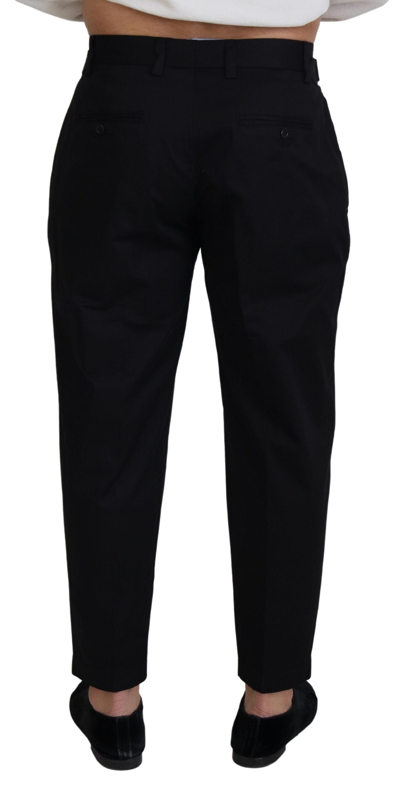 Black cotton chino formal pants by Dolce & Gabbana, tailored fit with classic design and belt loops, suitable for professional attire.