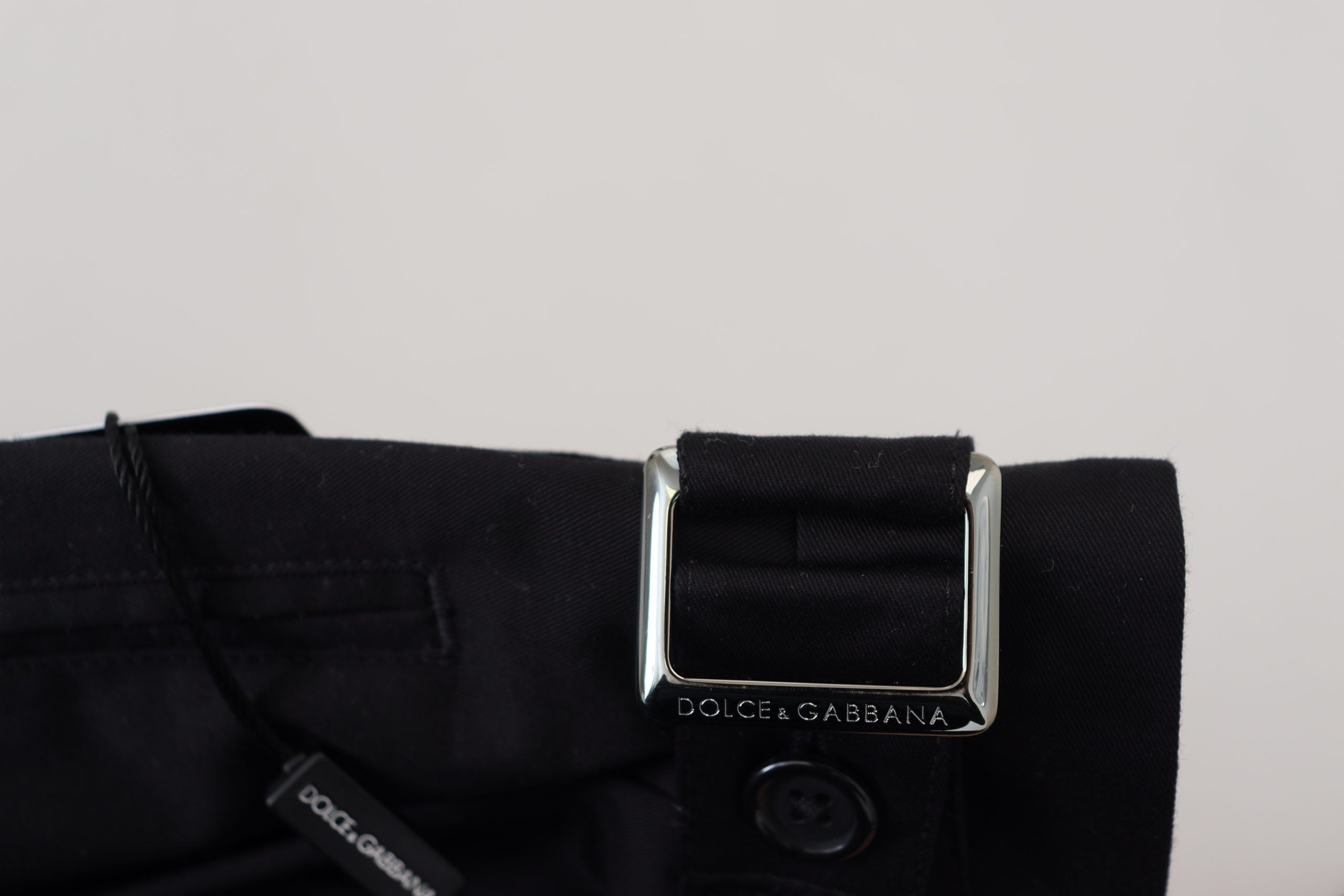 Black cotton chino formal pants by Dolce & Gabbana, tailored fit with classic design and belt loops.