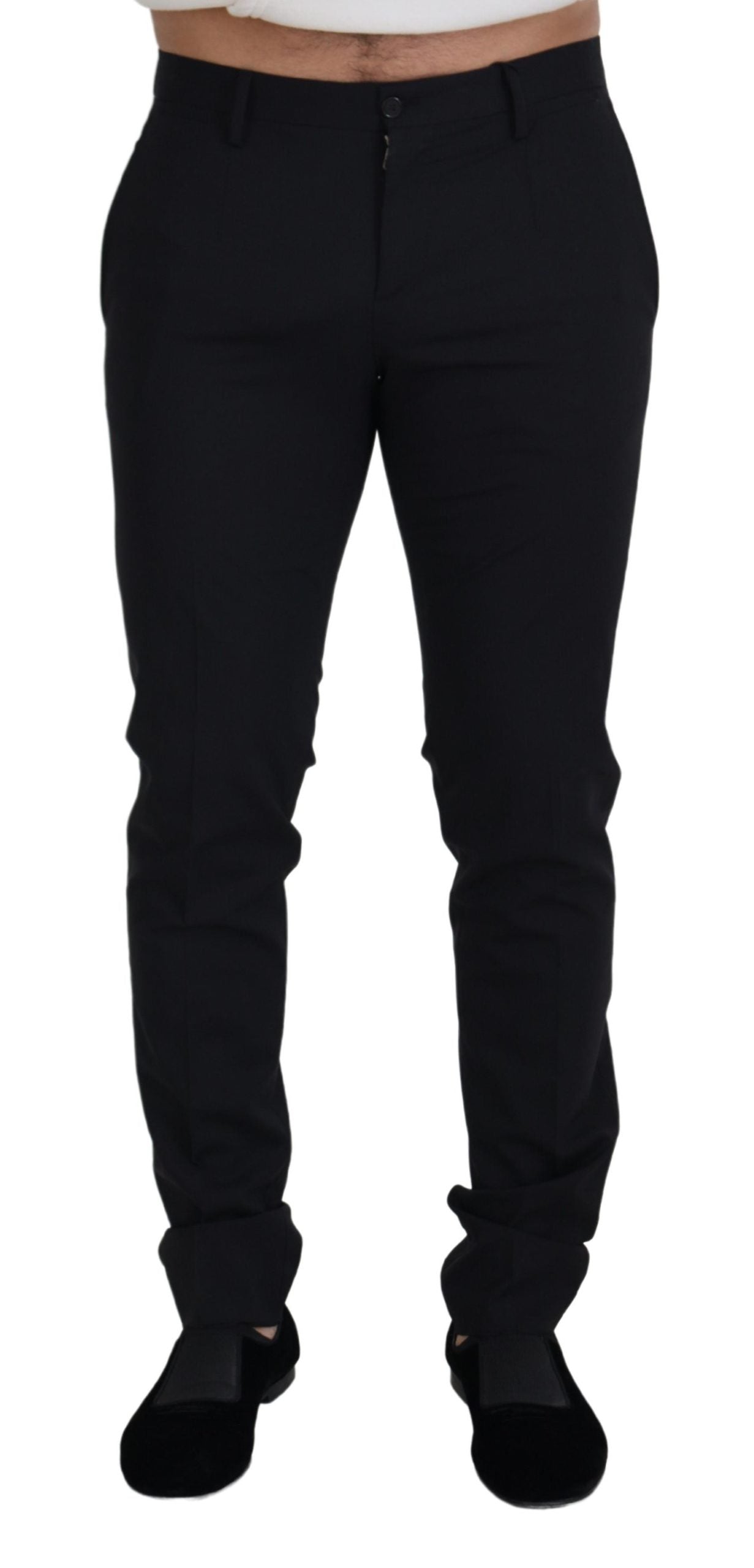 Black wool chino formal pants by Dolce & Gabbana, tailored fit with classic design and front pockets.