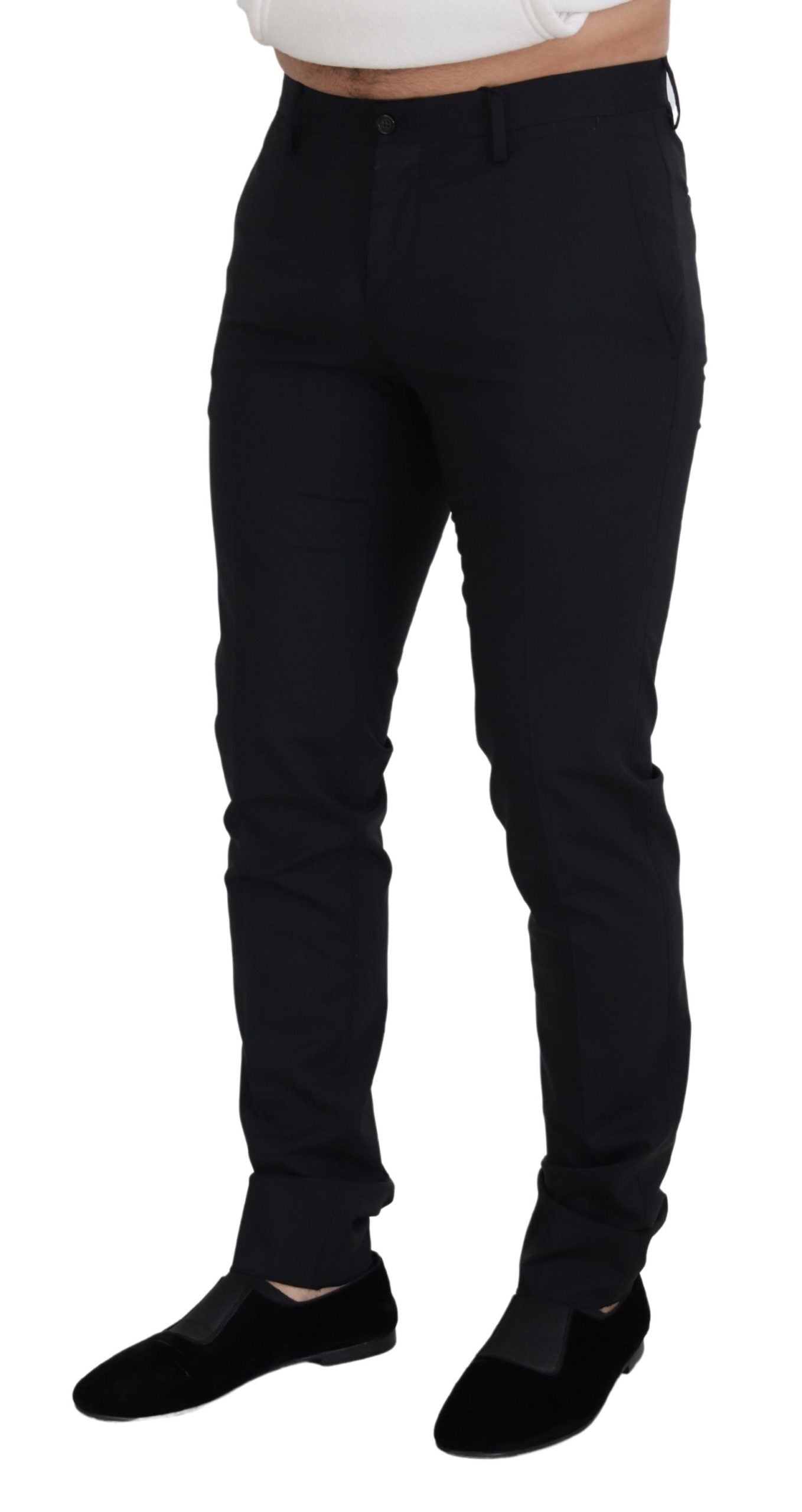 Black wool chino formal pants by Dolce & Gabbana, tailored fit with sleek design and classic waistband.