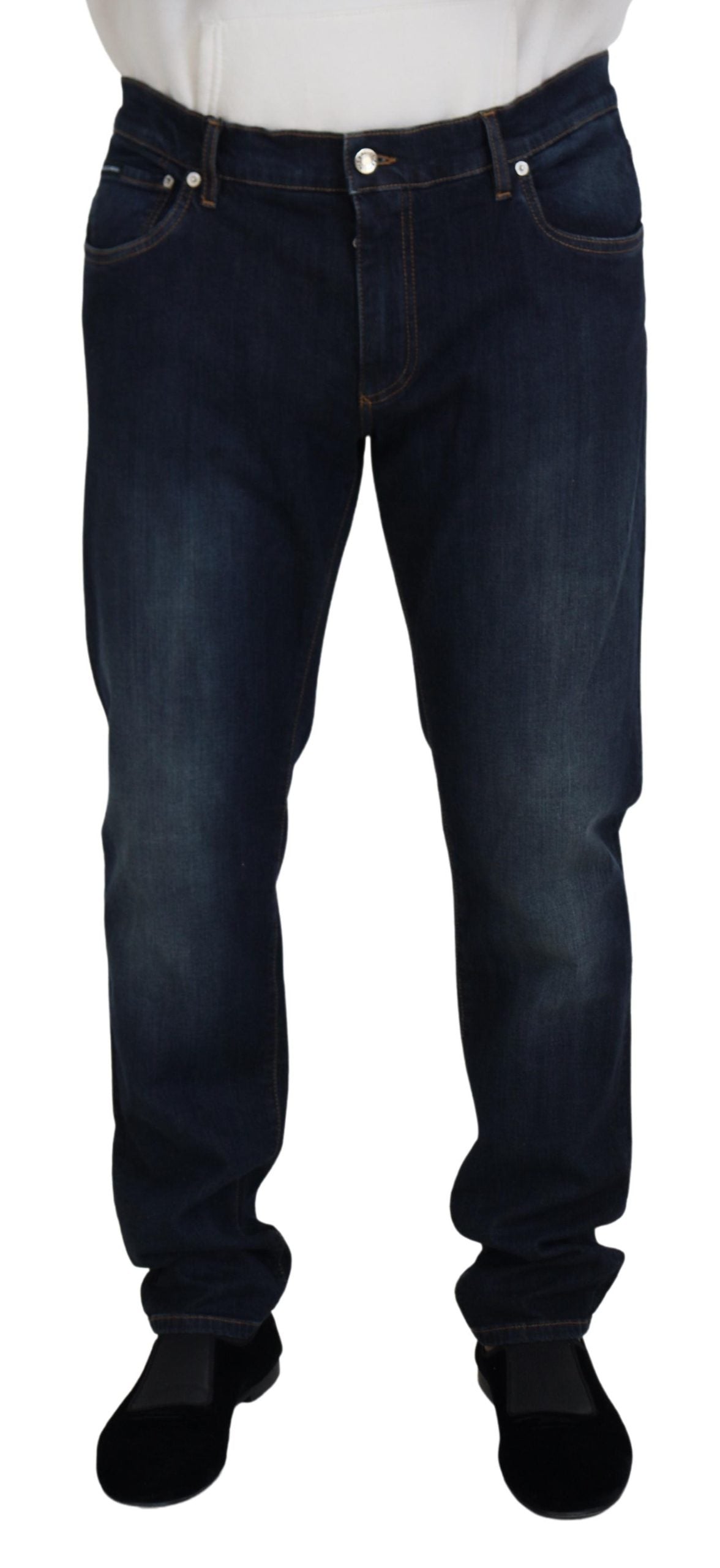 Blue cotton straight fit casual denim jeans by Dolce & Gabbana, showing front view with classic five-pocket design.
