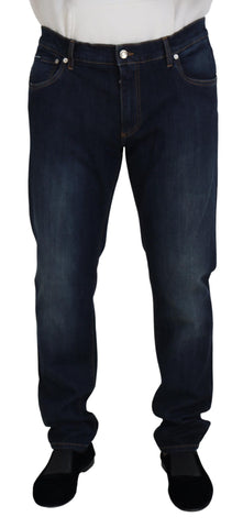 Blue cotton straight fit casual denim jeans by Dolce & Gabbana, showing front view with classic five-pocket design.