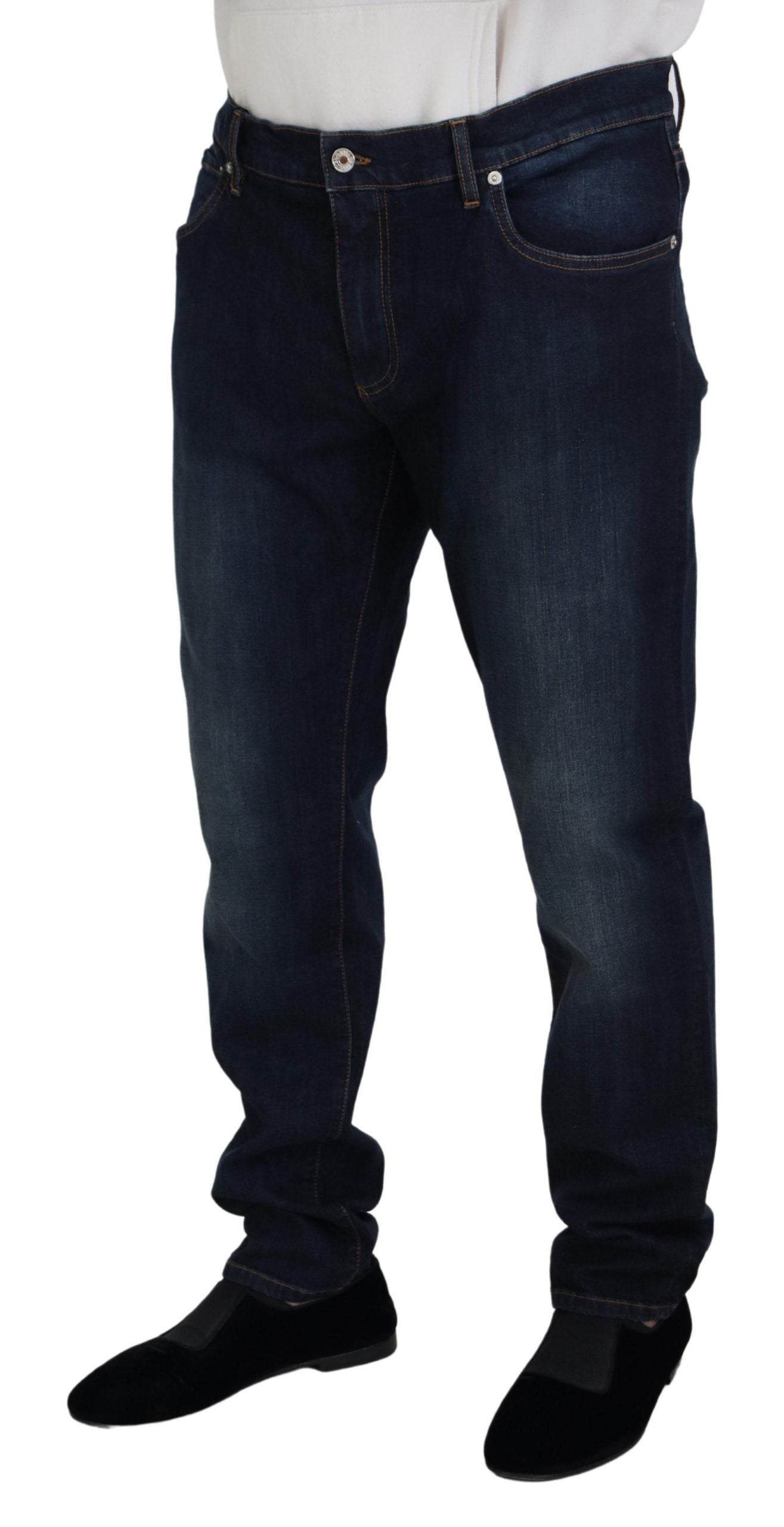 Blue cotton straight fit casual denim jeans by Dolce & Gabbana, featuring classic five-pocket style and clean stitch details.