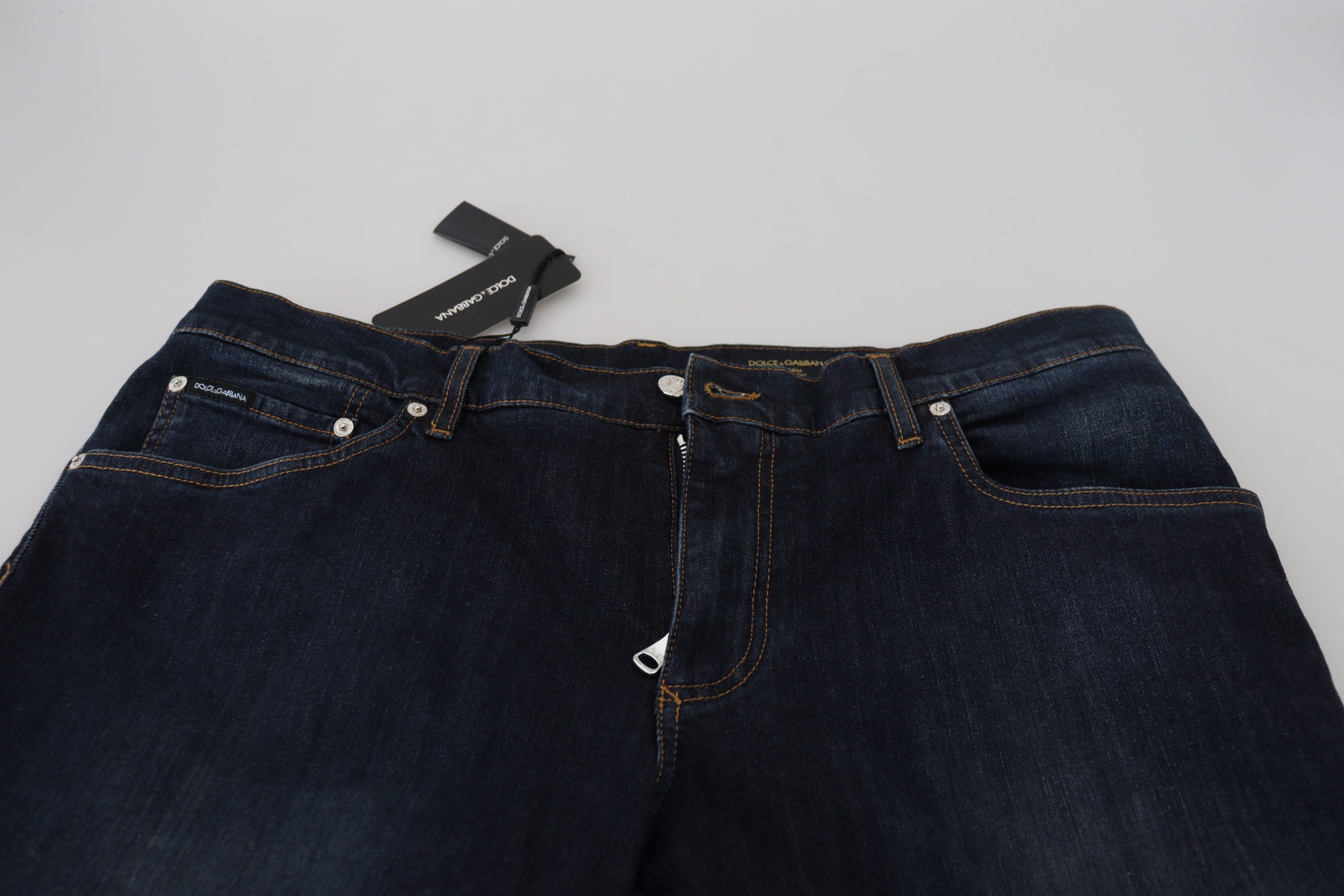 Blue cotton straight fit casual denim jeans by Dolce & Gabbana, shown with classic five-pocket design and subtle stitching.
