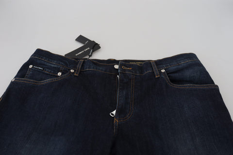 Blue cotton straight fit casual denim jeans by Dolce & Gabbana, shown with classic five-pocket design and subtle stitching.