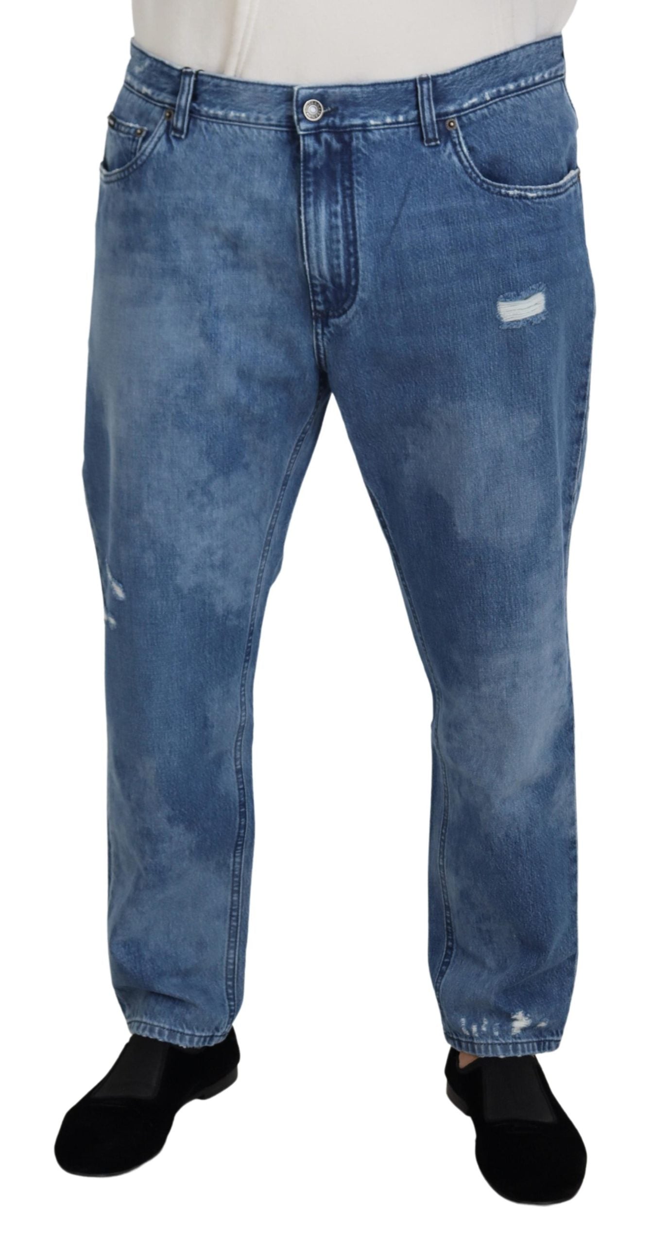 Blue washed cotton casual denim jeans by Dolce & Gabbana, featuring a relaxed fit and classic five-pocket design.