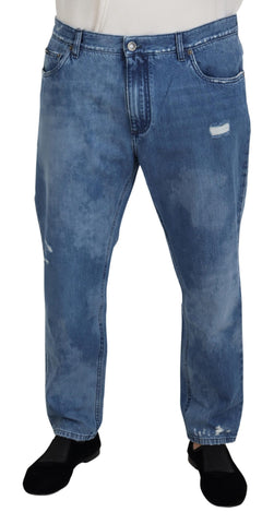 Blue washed cotton casual denim jeans by Dolce & Gabbana, featuring a relaxed fit and classic five-pocket design.