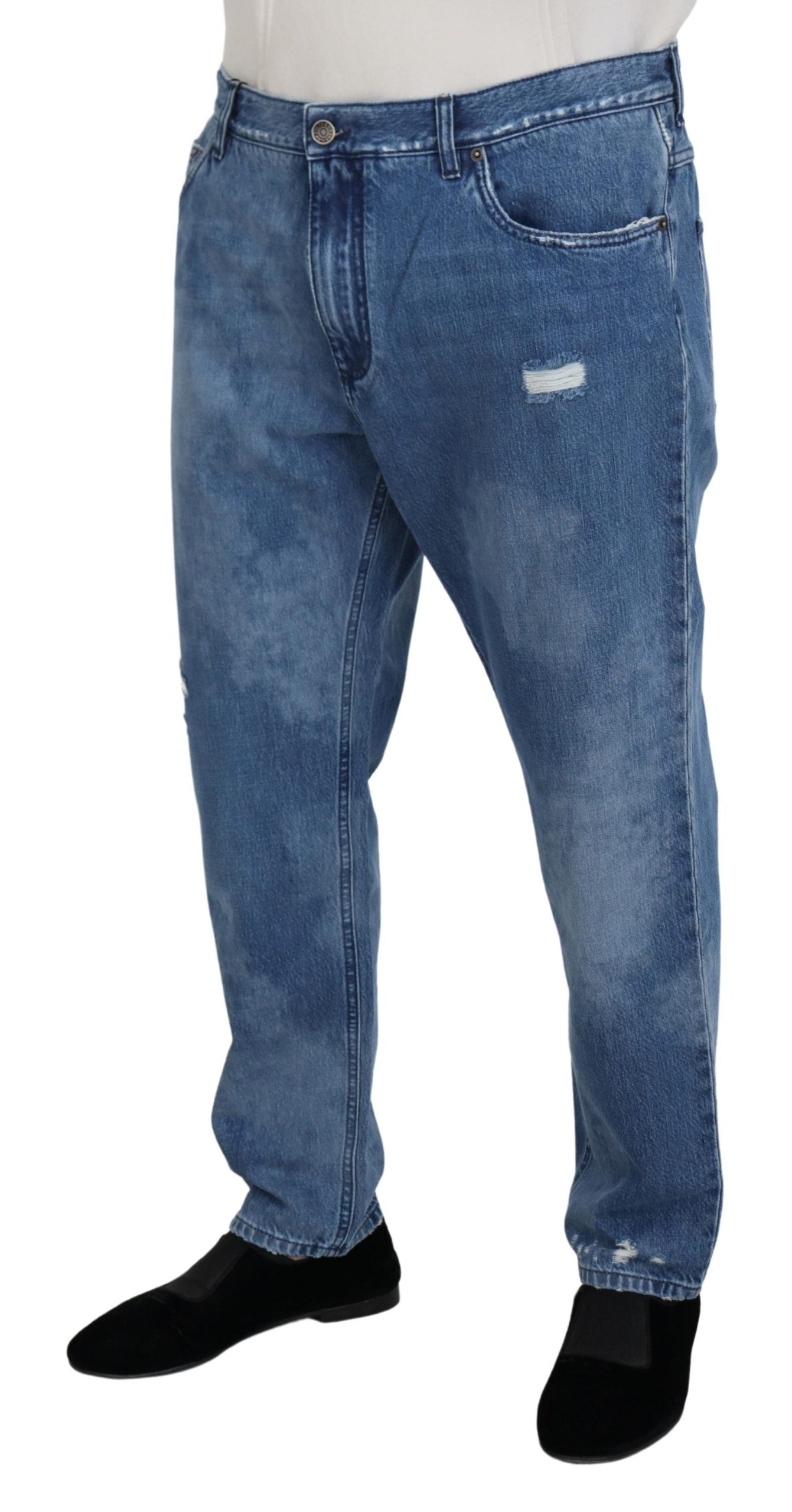 Blue washed cotton casual denim jeans by Dolce & Gabbana, featuring a relaxed fit and classic five-pocket design.