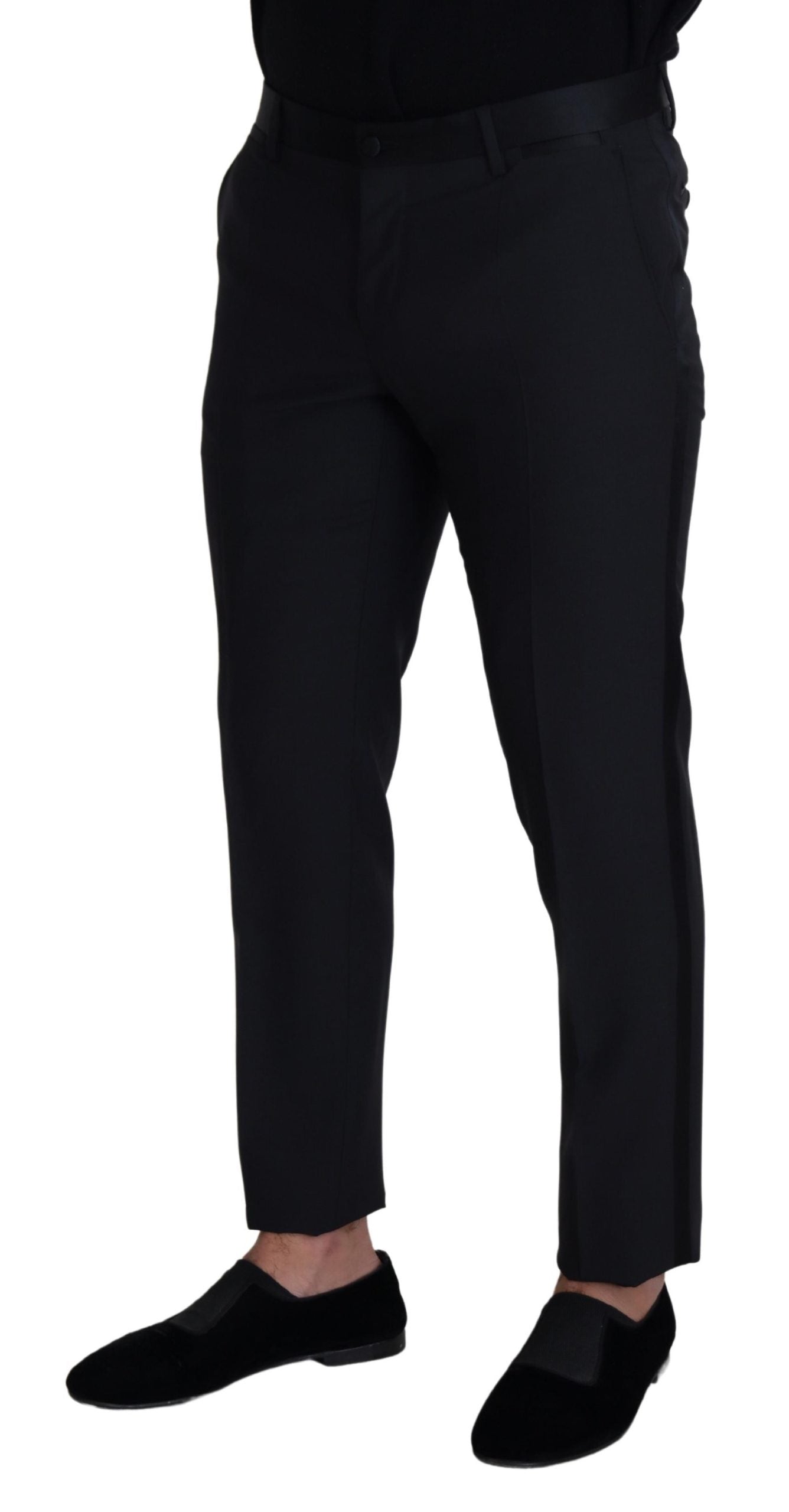 Black wool men's formal pants by Dolce & Gabbana, tailored fit with sleek waistband and classic leg design.