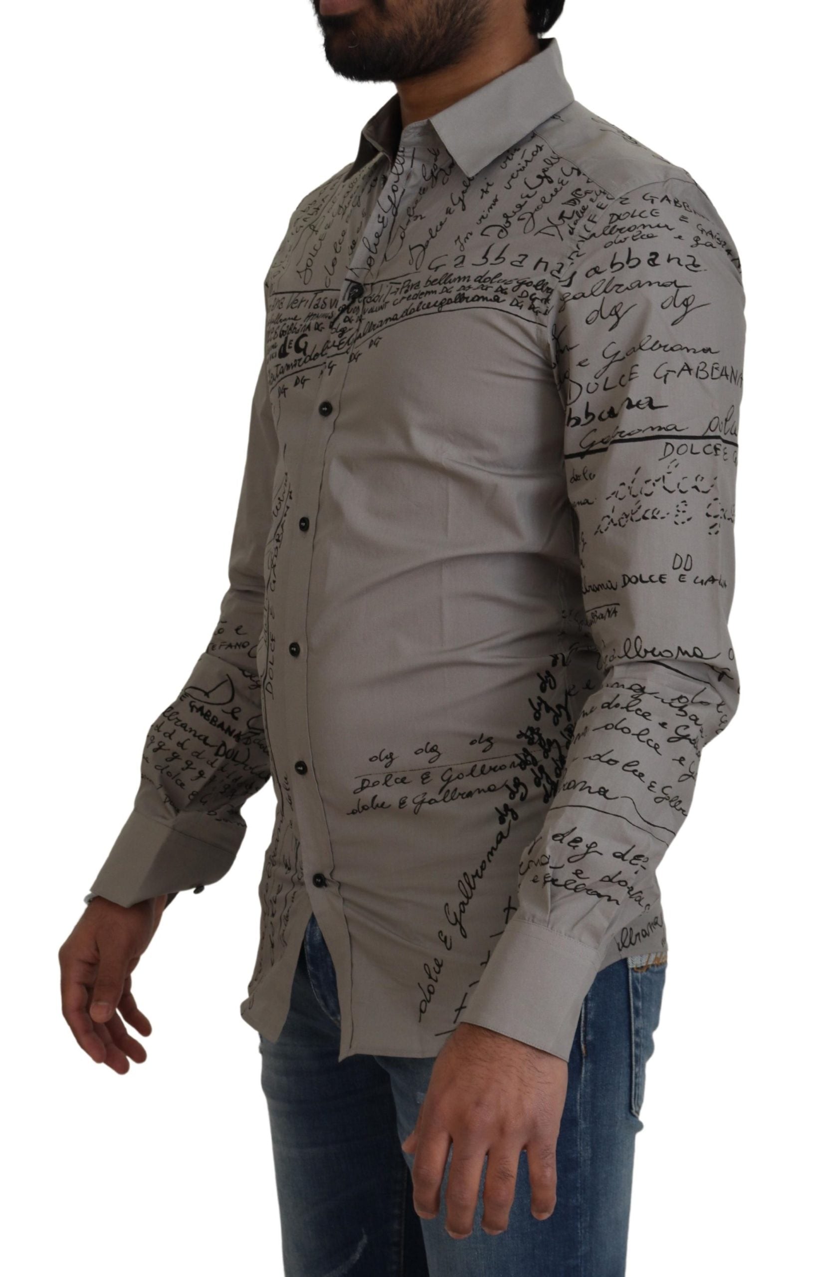 Gray printed cotton slim dress by Dolce & Gabbana with gold accents, featuring a tailored fit and stylish design.