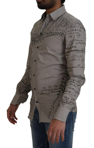 Gray printed cotton slim dress by Dolce & Gabbana with gold accents, featuring a tailored fit and stylish design.