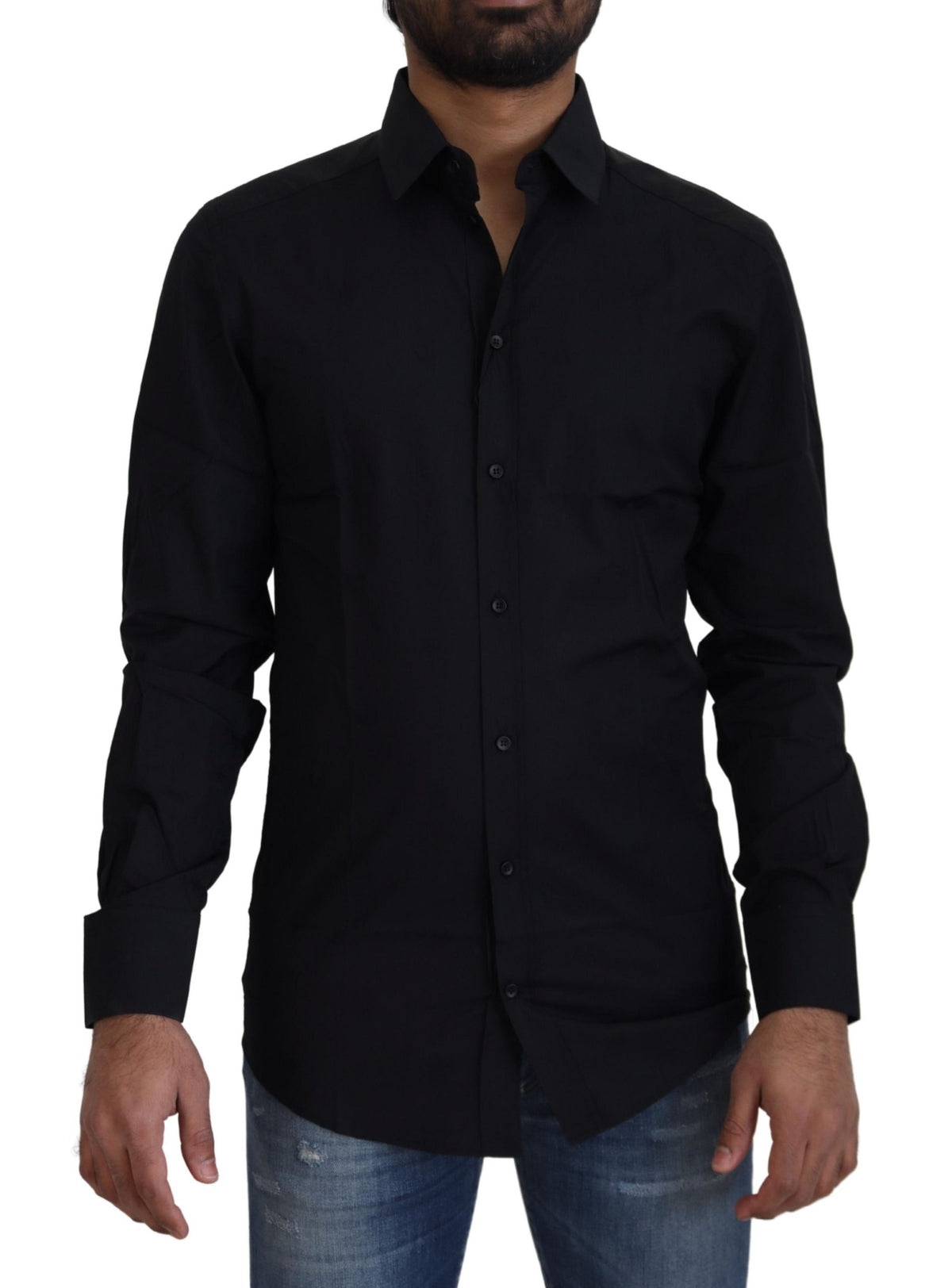 Black cotton slim fit formal dress shirt by Dolce & Gabbana with gold accents, displayed on a hanger.