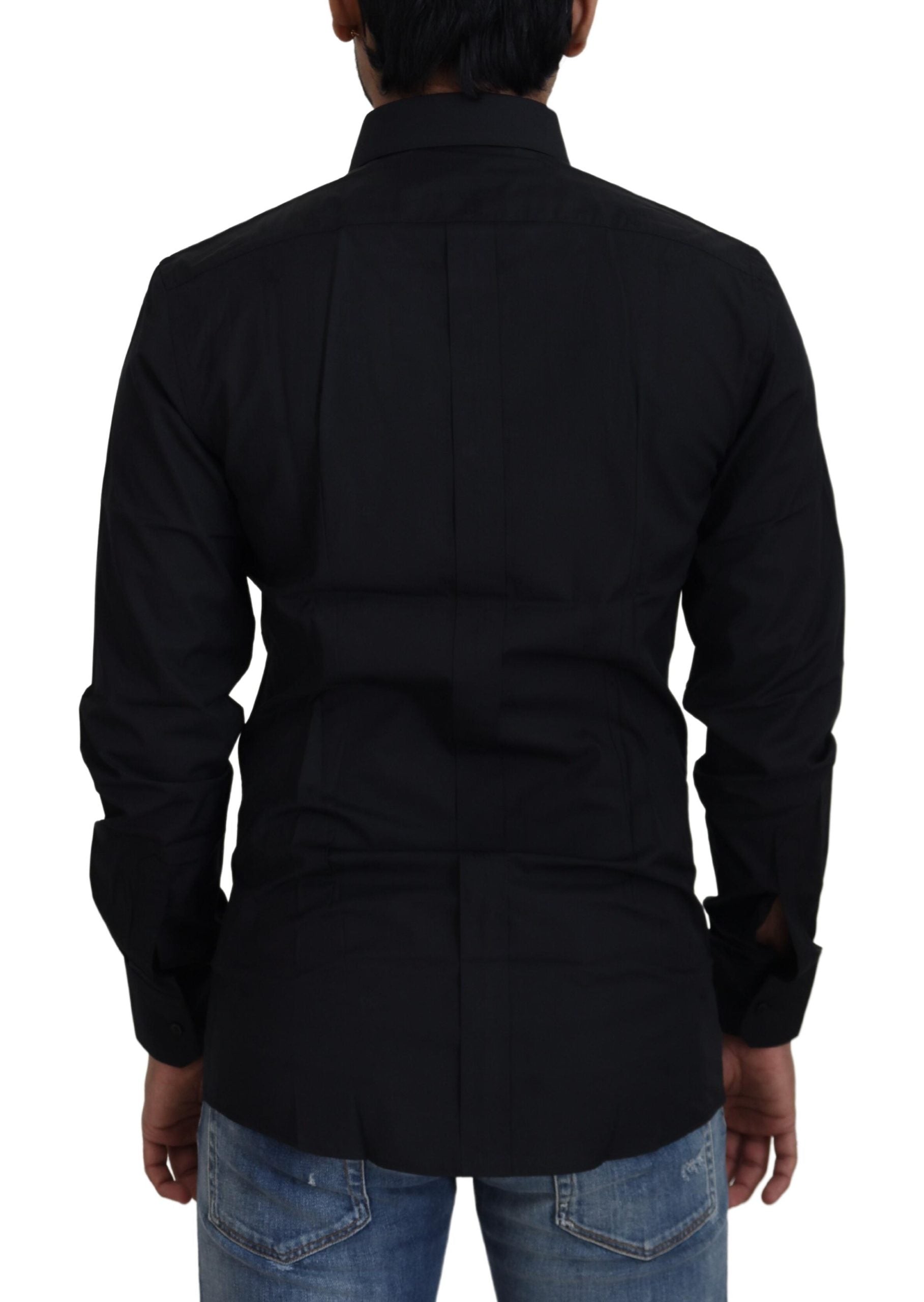 Black cotton slim fit formal dress shirt by Dolce & Gabbana featuring a classic gold accent detail.