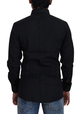 Black cotton slim fit formal dress shirt by Dolce & Gabbana featuring a classic gold accent detail.
