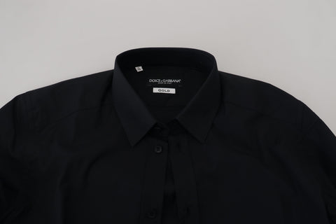 Black cotton slim fit formal dress shirt by Dolce & Gabbana featuring a gold accent detail.