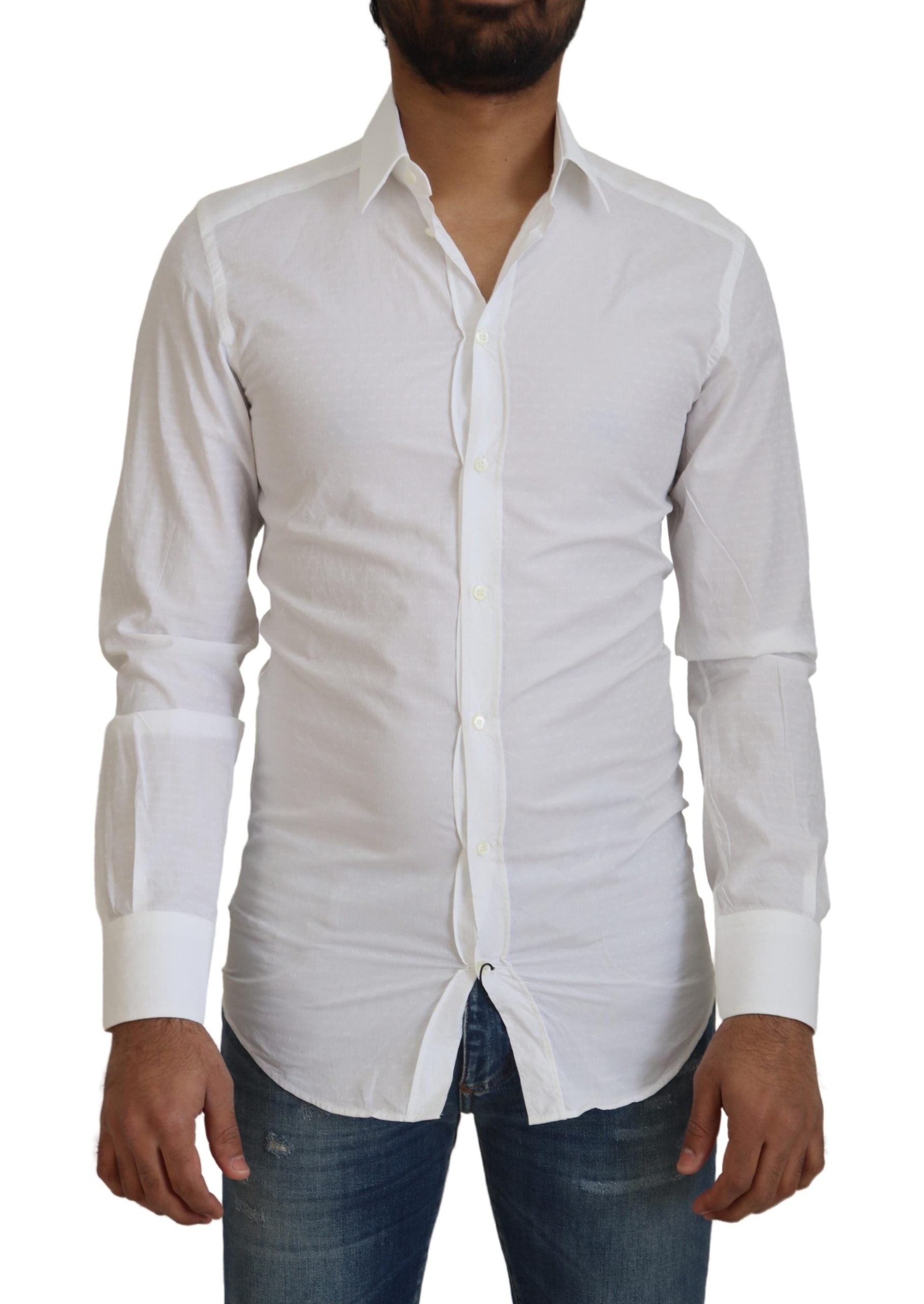 White cotton slim fit formal dress shirt by Dolce & Gabbana, featuring a classic gold accent and tailored design.
