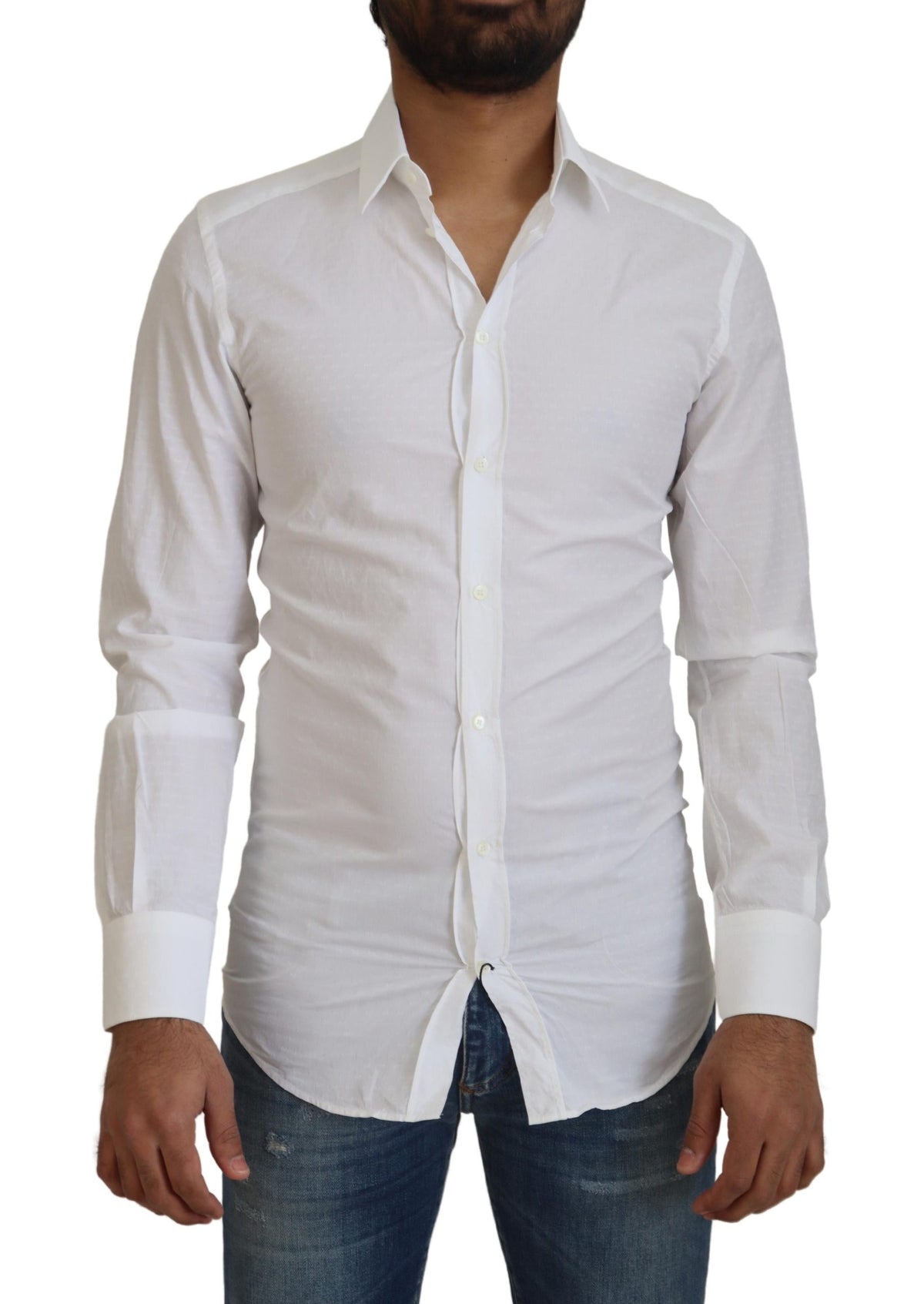 White cotton slim fit formal dress shirt by Dolce & Gabbana, featuring a classic gold accent and tailored design.
