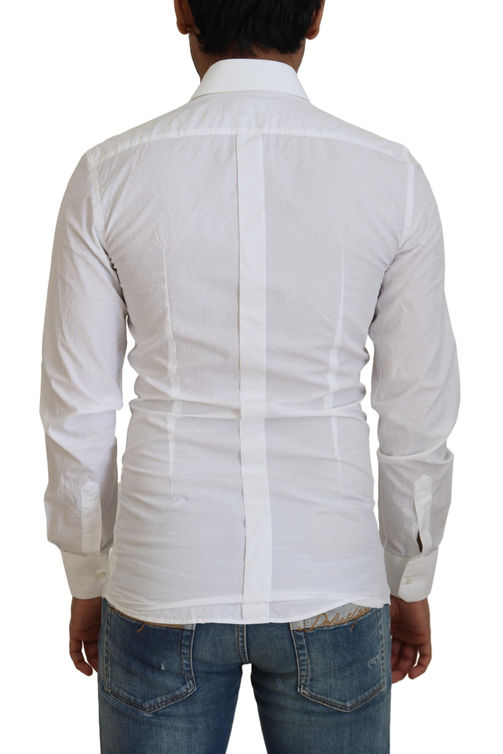 White cotton slim fit formal dress shirt by Dolce & Gabbana, featuring a gold accent and classic collar detail.
