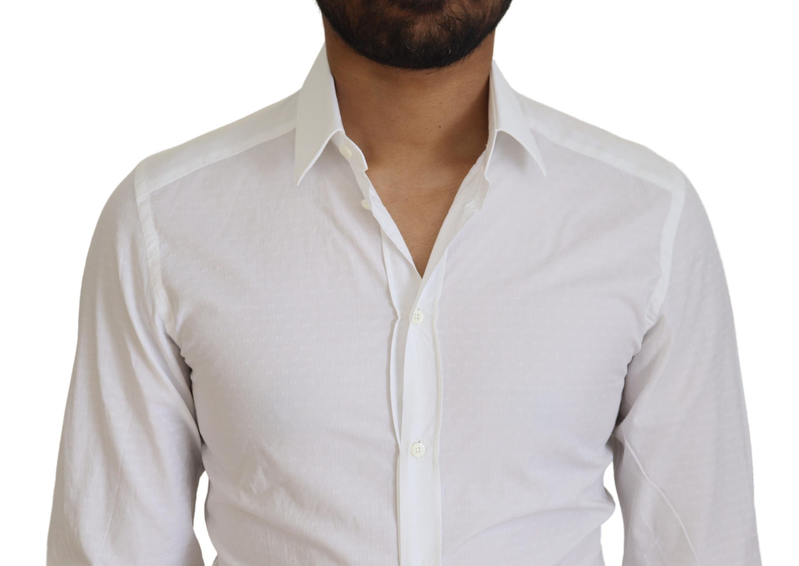 White cotton slim fit formal dress shirt by Dolce & Gabbana, featuring a gold accent detail and classic collar.